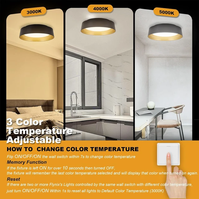 Alt view image 4 of 7 - 12.5 Inch LED Flush Mount Ceiling Light Fixture, 26W, Super Bright 1350 Lumen, 3 Color 3000K/4000K/5000K, Matt Black with Gold Inside, Dimmable Ceiling Lamp for Bedroom Hallway Bathroom Outdoor