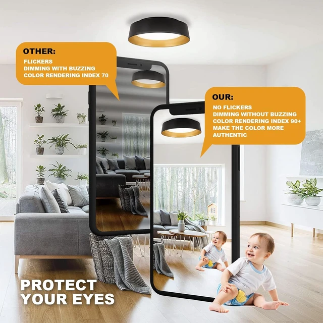 Alt view image 6 of 7 - 12.5 Inch LED Flush Mount Ceiling Light Fixture, 26W, Super Bright 1350 Lumen, 3 Color 3000K/4000K/5000K, Matt Black with Gold Inside, Dimmable Ceiling Lamp for Bedroom Hallway Bathroom Outdoor