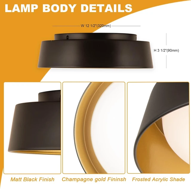 Alt view image 7 of 7 - 12.5 Inch LED Flush Mount Ceiling Light Fixture, 26W, Super Bright 1350 Lumen, 3 Color 3000K/4000K/5000K, Matt Black with Gold Inside, Dimmable Ceiling Lamp for Bedroom Hallway Bathroom Outdoor
