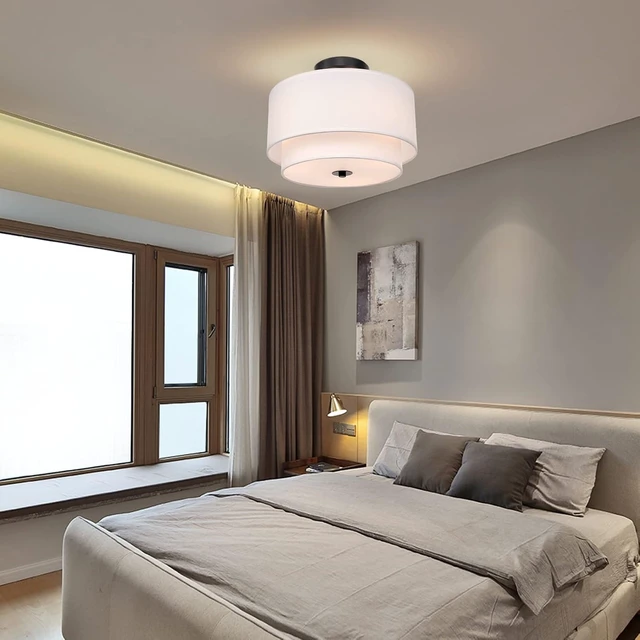 Alt view image 2 of 7 - FRIDEKO HOME Semi Flush Mount Ceiling Light Fixture - 3-Light Modern Ceiling Lamp with Drum Shade, Linen Fabric Chandelier Ceiling Light for Bedroom Living Room Hallway Entryway