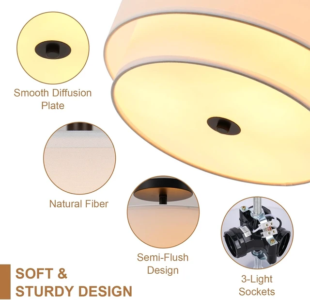 Alt view image 3 of 7 - FRIDEKO HOME Semi Flush Mount Ceiling Light Fixture - 3-Light Modern Ceiling Lamp with Drum Shade, Linen Fabric Chandelier Ceiling Light for Bedroom Living Room Hallway Entryway