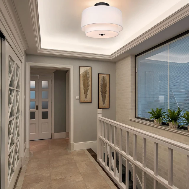 Alt view image 4 of 7 - FRIDEKO HOME Semi Flush Mount Ceiling Light Fixture - 3-Light Modern Ceiling Lamp with Drum Shade, Linen Fabric Chandelier Ceiling Light for Bedroom Living Room Hallway Entryway
