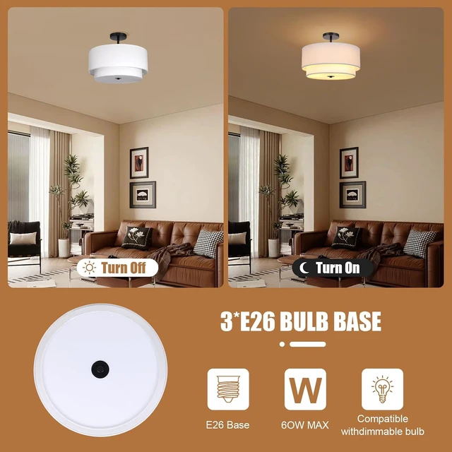 Alt view image 5 of 7 - FRIDEKO HOME Semi Flush Mount Ceiling Light Fixture - 3-Light Modern Ceiling Lamp with Drum Shade, Linen Fabric Chandelier Ceiling Light for Bedroom Living Room Hallway Entryway