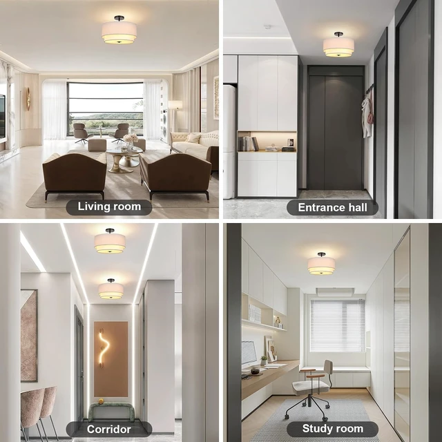 Alt view image 6 of 7 - FRIDEKO HOME Semi Flush Mount Ceiling Light Fixture - 3-Light Modern Ceiling Lamp with Drum Shade, Linen Fabric Chandelier Ceiling Light for Bedroom Living Room Hallway Entryway