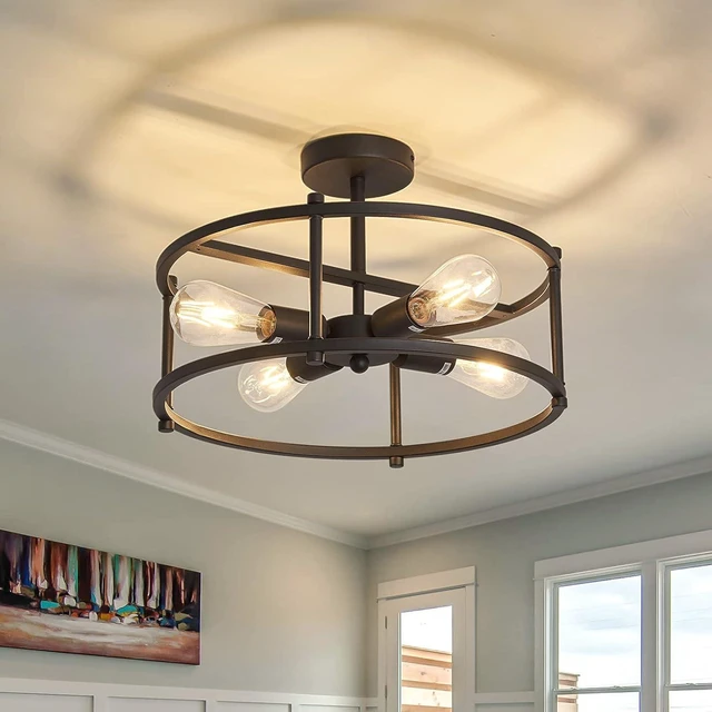 Main image of hesoge Industrial Semi Flush Mount Ceiling Light,4 Light Rustic Metal Ceiling Light Fixture,Black Farmhouse Chandelier for Kitchen Island Dining Room Hallway Entryway Bedroom Living Room.