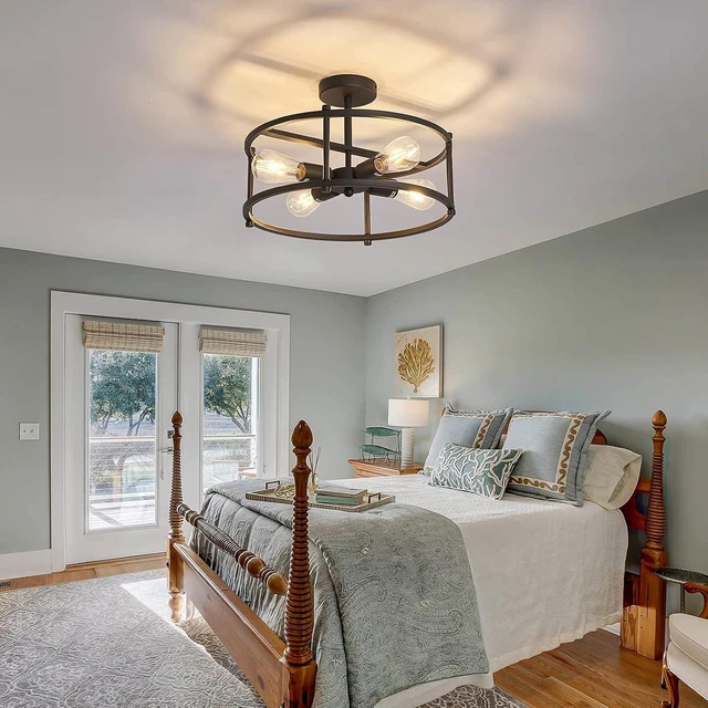 Alt view image 7 of 7 - hesoge Industrial Semi Flush Mount Ceiling Light,4 Light Rustic Metal Ceiling Light Fixture,Black Farmhouse Chandelier for Kitchen Island Dining Room Hallway Entryway Bedroom Living Room.