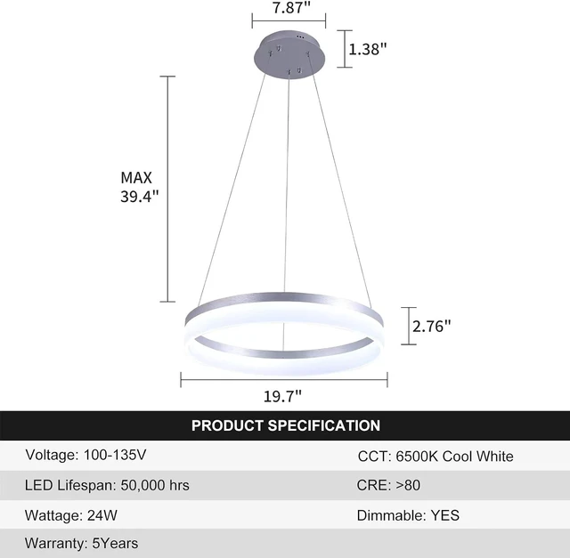 Alt view image 3 of 7 - Buccleuch Modern LED Chandelier - Dimmable 19.7" Silver Round Pendant Light, Height Adjustable UL-Certified Ceiling Light for Dining Room, Kitchen Island, Living Room, Bedroom, Foyer, 6500K