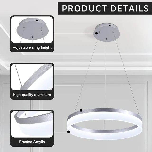 Alt view image 5 of 7 - Buccleuch Modern LED Chandelier - Dimmable 19.7" Silver Round Pendant Light, Height Adjustable UL-Certified Ceiling Light for Dining Room, Kitchen Island, Living Room, Bedroom, Foyer, 6500K