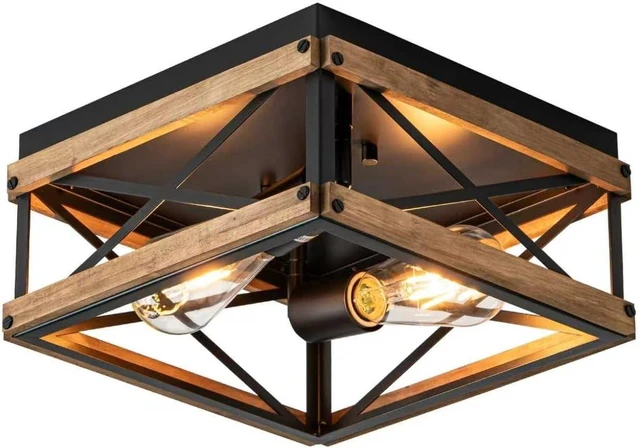 Main image of 2-Light Black Rustic Wood Farmhouse Flush Mount Ceiling Light Fixture
