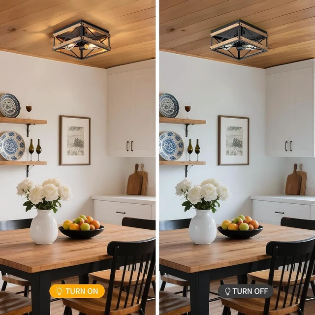 Alt view image 3 of 7 - 2-Light Black Rustic Wood Farmhouse Flush Mount Ceiling Light Fixture