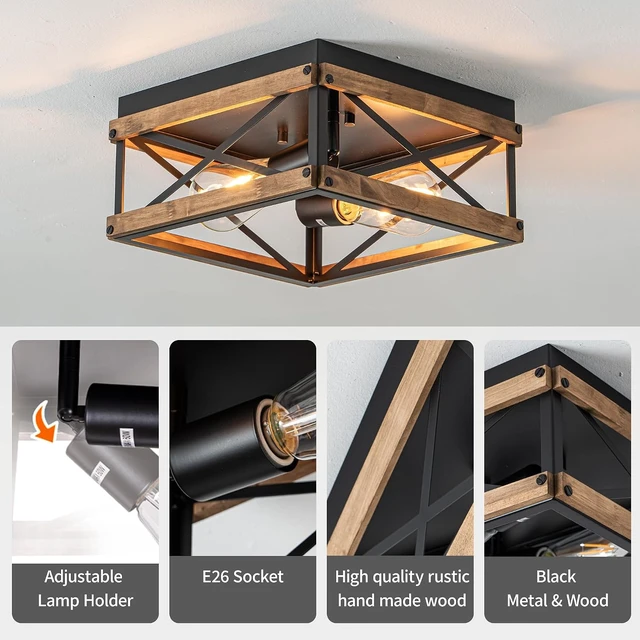 Alt view image 6 of 7 - 2-Light Black Rustic Wood Farmhouse Flush Mount Ceiling Light Fixture