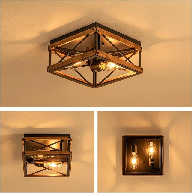 Alt view image 7 of 7 - 2-Light Black Rustic Wood Farmhouse Flush Mount Ceiling Light Fixture