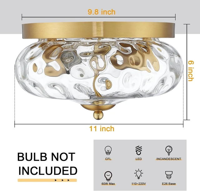 Alt view image 3 of 7 - Darkaway Ceiling Light Fixtures Flush Mount Indoor Outdoor Ceiling Light with Water Ripple Glass Shade for Hallway Kitchen Bedroom Porch Living Room Gold Finish