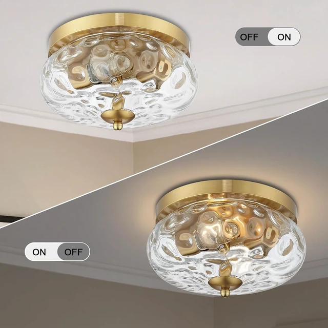 Alt view image 2 of 7 - Darkaway Ceiling Light Fixtures Flush Mount Indoor Outdoor Ceiling Light with Water Ripple Glass Shade for Hallway Kitchen Bedroom Porch Living Room Gold Finish