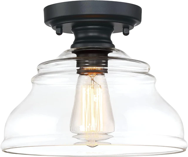 Main image of MEXO Industrial Semi Flush Mount Ceiling Light, Modern Clear Glass Light Fixture Farmhouse 10" Close to Ceiling Lights in Black Finish for Hallway Bedroom, Kitchen Entryway Cafe Bar Porch