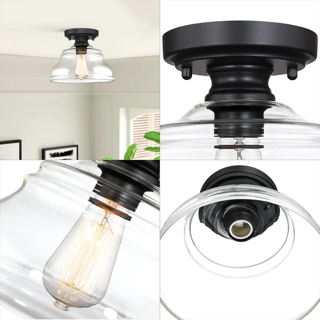 Alt view image 2 of 7 - MEXO Industrial Semi Flush Mount Ceiling Light, Modern Clear Glass Light Fixture Farmhouse 10" Close to Ceiling Lights in Black Finish for Hallway Bedroom, Kitchen Entryway Cafe Bar Porch