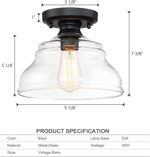 Alt view image 3 of 7 - MEXO Industrial Semi Flush Mount Ceiling Light, Modern Clear Glass Light Fixture Farmhouse 10" Close to Ceiling Lights in Black Finish for Hallway Bedroom, Kitchen Entryway Cafe Bar Porch
