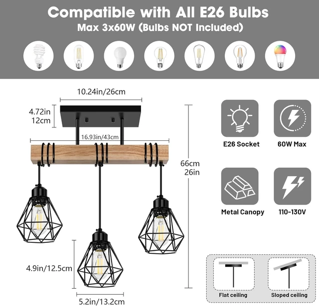 Alt view image 2 of 7 - 3-Lights Farmhouse Dining Room Pendant Light Fixtures Over Table, Rustic Solid Wood Kitchen Island Lighting Hanging with Metal Shades, Modern Black Ceiling Pendant Lamp for Living Room Hallway