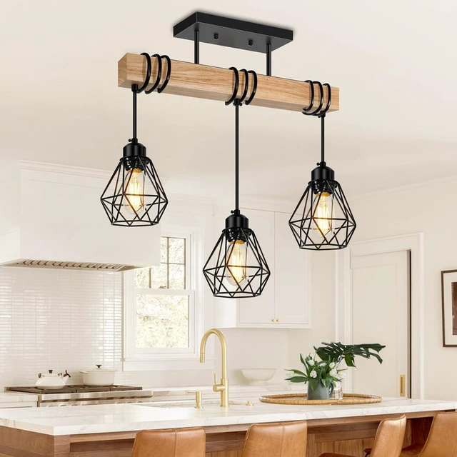 Main image of 3-Lights Farmhouse Dining Room Pendant Light Fixtures Over Table, Rustic Solid Wood Kitchen Island Lighting Hanging with Metal Shades, Modern Black Ceiling Pendant Lamp for Living Room Hallway