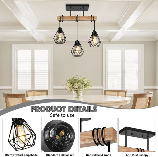 Alt view image 3 of 7 - 3-Lights Farmhouse Dining Room Pendant Light Fixtures Over Table, Rustic Solid Wood Kitchen Island Lighting Hanging with Metal Shades, Modern Black Ceiling Pendant Lamp for Living Room Hallway