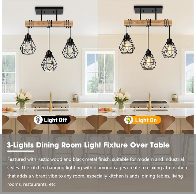 Alt view image 4 of 7 - 3-Lights Farmhouse Dining Room Pendant Light Fixtures Over Table, Rustic Solid Wood Kitchen Island Lighting Hanging with Metal Shades, Modern Black Ceiling Pendant Lamp for Living Room Hallway