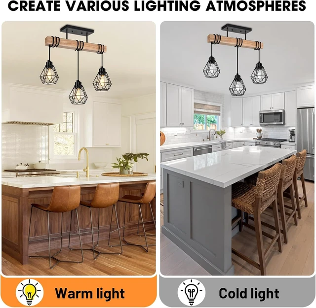 Alt view image 5 of 7 - 3-Lights Farmhouse Dining Room Pendant Light Fixtures Over Table, Rustic Solid Wood Kitchen Island Lighting Hanging with Metal Shades, Modern Black Ceiling Pendant Lamp for Living Room Hallway