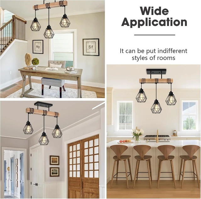 Alt view image 7 of 7 - 3-Lights Farmhouse Dining Room Pendant Light Fixtures Over Table, Rustic Solid Wood Kitchen Island Lighting Hanging with Metal Shades, Modern Black Ceiling Pendant Lamp for Living Room Hallway