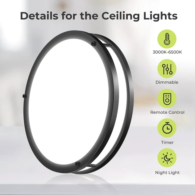 Alt view image 2 of 6 - hepside 2Pack Flush Mount LED Ceiling Light with Remote, Dimmable& 3000K-6500K Adjustable Ceiling Light Fixture, Timer, Night Light, 13 inch Black Ceiling Lamps for Kitchen Bathroom Bedroom Hallway