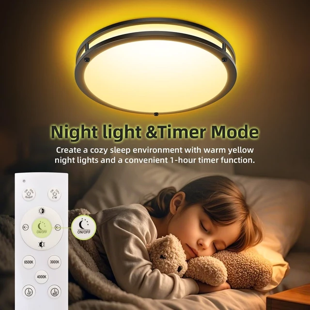 Alt view image 3 of 6 - hepside 2Pack Flush Mount LED Ceiling Light with Remote, Dimmable& 3000K-6500K Adjustable Ceiling Light Fixture, Timer, Night Light, 13 inch Black Ceiling Lamps for Kitchen Bathroom Bedroom Hallway