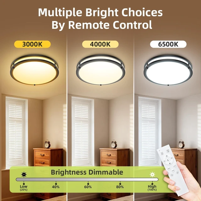 Alt view image 4 of 6 - hepside 2Pack Flush Mount LED Ceiling Light with Remote, Dimmable& 3000K-6500K Adjustable Ceiling Light Fixture, Timer, Night Light, 13 inch Black Ceiling Lamps for Kitchen Bathroom Bedroom Hallway