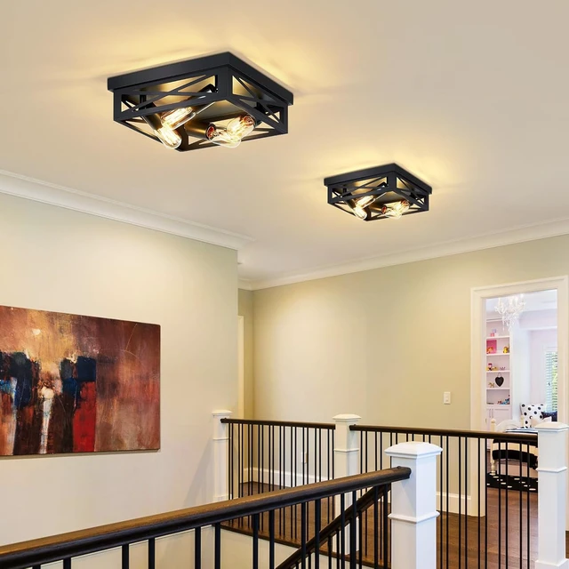 Alt view image 3 of 6 - ZHU YAN Farmhouse Ceiling Light Fixture, 2 Pack Square Black Metal Cage Ceiling Lamp for Kitchen Entryway Hallway (4-Light)