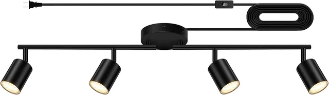 Main image of Plug in Track Lighting LED, Track Lighting Fixtures Ceiling, Black 4-Light Kitchen Light Kit, Plug in Wall Light with 14.8ft Power Cord, Rotatable Ceiling Spotlight for Bedroom(GU10 Socket, NO Bulb)