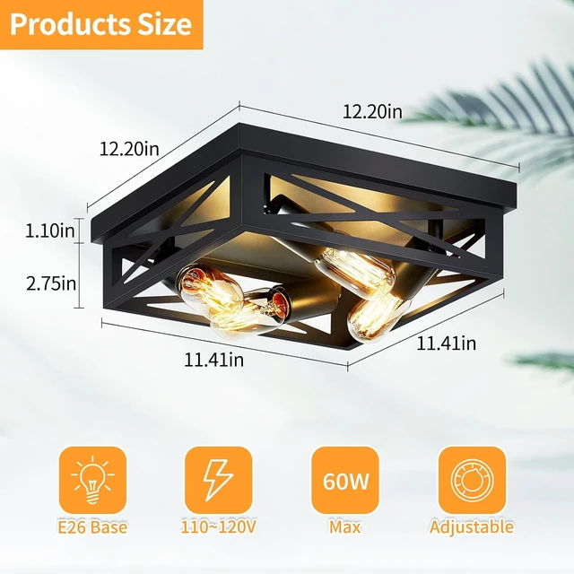 Alt view image 4 of 6 - ZHU YAN Farmhouse Ceiling Light Fixture, 2 Pack Square Black Metal Cage Ceiling Lamp for Kitchen Entryway Hallway (4-Light)