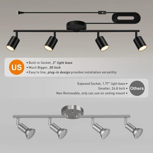 Alt view image 2 of 7 - Plug in Track Lighting LED, Track Lighting Fixtures Ceiling, Black 4-Light Kitchen Light Kit, Plug in Wall Light with 14.8ft Power Cord, Rotatable Ceiling Spotlight for Bedroom(GU10 Socket, NO Bulb)