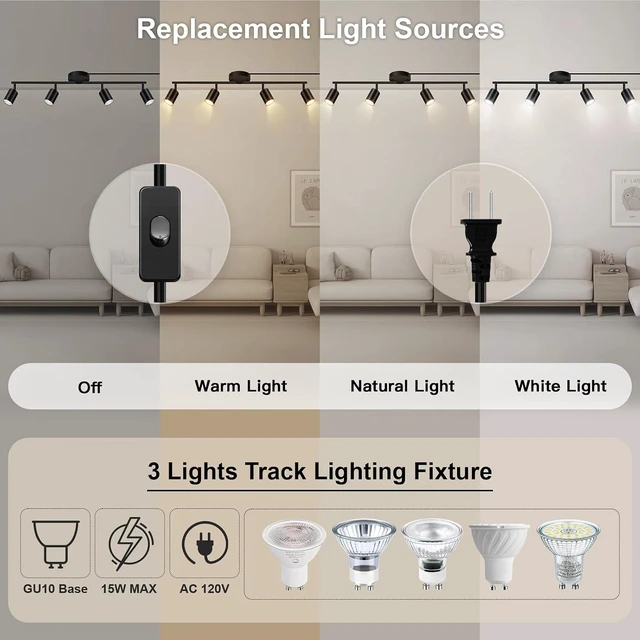 Alt view image 3 of 7 - Plug in Track Lighting LED, Track Lighting Fixtures Ceiling, Black 4-Light Kitchen Light Kit, Plug in Wall Light with 14.8ft Power Cord, Rotatable Ceiling Spotlight for Bedroom(GU10 Socket, NO Bulb)