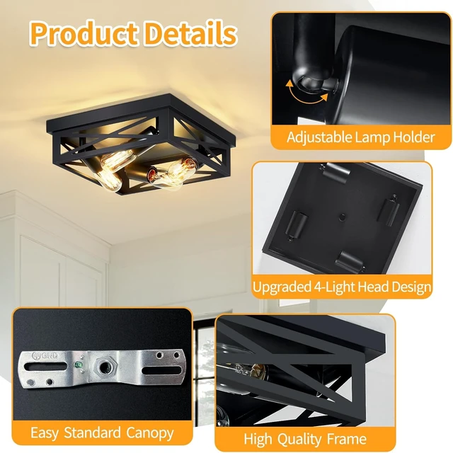 Alt view image 5 of 6 - ZHU YAN Farmhouse Ceiling Light Fixture, 2 Pack Square Black Metal Cage Ceiling Lamp for Kitchen Entryway Hallway (4-Light)