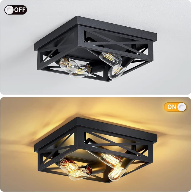 Alt view image 6 of 6 - ZHU YAN Farmhouse Ceiling Light Fixture, 2 Pack Square Black Metal Cage Ceiling Lamp for Kitchen Entryway Hallway (4-Light)