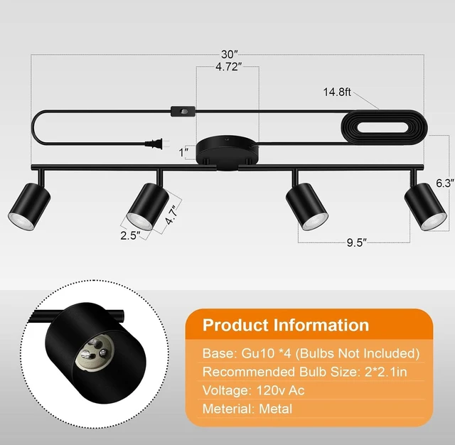 Alt view image 4 of 7 - Plug in Track Lighting LED, Track Lighting Fixtures Ceiling, Black 4-Light Kitchen Light Kit, Plug in Wall Light with 14.8ft Power Cord, Rotatable Ceiling Spotlight for Bedroom(GU10 Socket, NO Bulb)