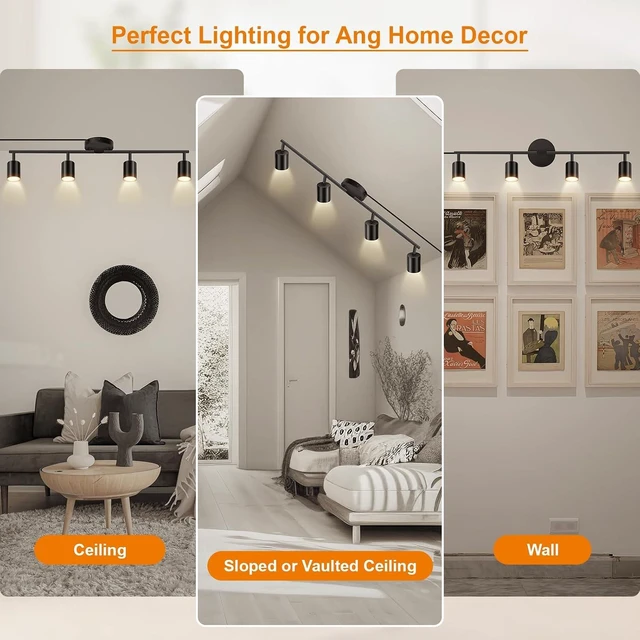 Alt view image 6 of 7 - Plug in Track Lighting LED, Track Lighting Fixtures Ceiling, Black 4-Light Kitchen Light Kit, Plug in Wall Light with 14.8ft Power Cord, Rotatable Ceiling Spotlight for Bedroom(GU10 Socket, NO Bulb)