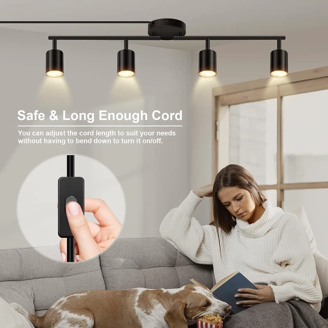 Alt view image 7 of 7 - Plug in Track Lighting LED, Track Lighting Fixtures Ceiling, Black 4-Light Kitchen Light Kit, Plug in Wall Light with 14.8ft Power Cord, Rotatable Ceiling Spotlight for Bedroom(GU10 Socket, NO Bulb)