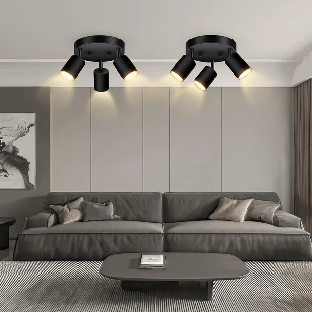 Alt view image 7 of 7 - 3 Light Track Lighting Fixtures Ceiling, Matte Black Round Directional Ceiling Spotlight, GU10 Flush Mount Ceiling/Wall Fixture, Adjustable Modern LED Track Light for Kitchen/Living Room, No Bulb