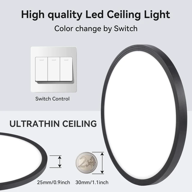 Alt view image 5 of 7 - 8Pack 12 Inch 3200LM Flush Mount LED Ceiling Lights,Black 28W Slim Ceiling Light Fixture Round Day White 6000K Thin Round Flat Ceiling Light 120V Surface LED Ceiling Light 300W Equivalent