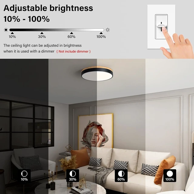 Alt view image 2 of 7 - WOKNOS Modern Dimmable LED Close to Ceiling Light Minimalist Wood Oak Flush Mount Ceiling Light Fixture Circle Lighting for Bedroom Living Room Bathroom Laundry Room (Black, 15.7'')