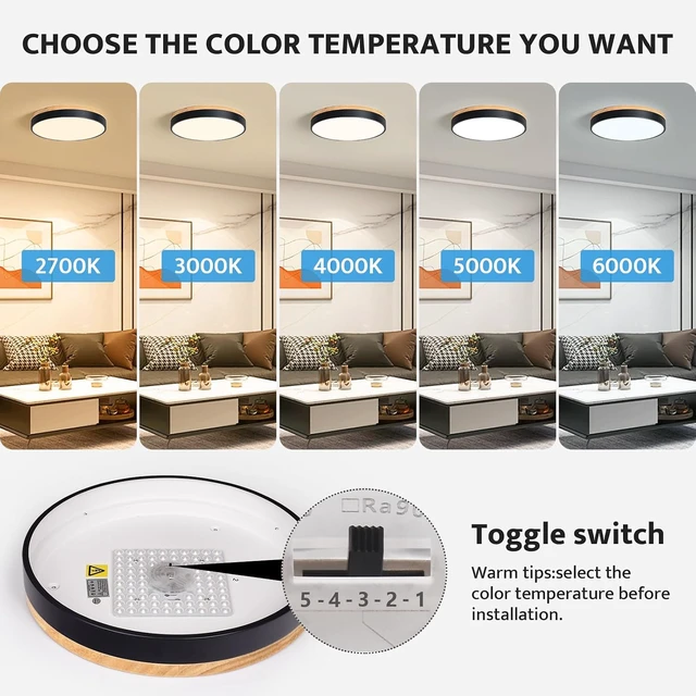 Alt view image 3 of 7 - WOKNOS Modern Dimmable LED Close to Ceiling Light Minimalist Wood Oak Flush Mount Ceiling Light Fixture Circle Lighting for Bedroom Living Room Bathroom Laundry Room (Black, 15.7'')