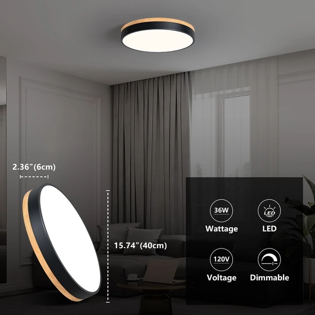 Alt view image 4 of 7 - WOKNOS Modern Dimmable LED Close to Ceiling Light Minimalist Wood Oak Flush Mount Ceiling Light Fixture Circle Lighting for Bedroom Living Room Bathroom Laundry Room (Black, 15.7'')