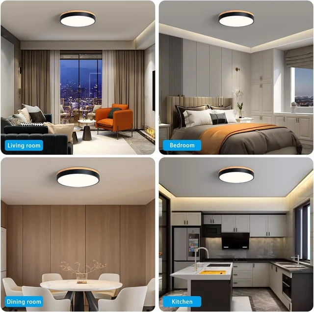 Alt view image 6 of 7 - WOKNOS Modern Dimmable LED Close to Ceiling Light Minimalist Wood Oak Flush Mount Ceiling Light Fixture Circle Lighting for Bedroom Living Room Bathroom Laundry Room (Black, 15.7'')