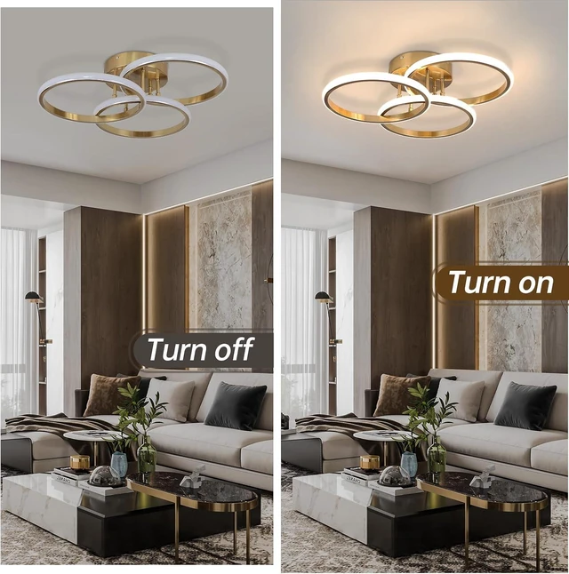 Alt view image 4 of 7 - Gold Modern Ceiling Light Fixture, 3000K-6000K Dimmable Flush Mount Ceiling Light with Remote Control, 3 Rings Close to Ceiling Lamp for Bedroom Living Room Dining Room Kitchen