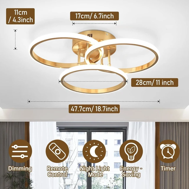 Alt view image 5 of 7 - Gold Modern Ceiling Light Fixture, 3000K-6000K Dimmable Flush Mount Ceiling Light with Remote Control, 3 Rings Close to Ceiling Lamp for Bedroom Living Room Dining Room Kitchen