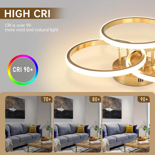 Alt view image 3 of 7 - Gold Modern Ceiling Light Fixture, 3000K-6000K Dimmable Flush Mount Ceiling Light with Remote Control, 3 Rings Close to Ceiling Lamp for Bedroom Living Room Dining Room Kitchen