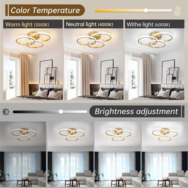Alt view image 2 of 7 - Gold Modern Ceiling Light Fixture, 3000K-6000K Dimmable Flush Mount Ceiling Light with Remote Control, 3 Rings Close to Ceiling Lamp for Bedroom Living Room Dining Room Kitchen